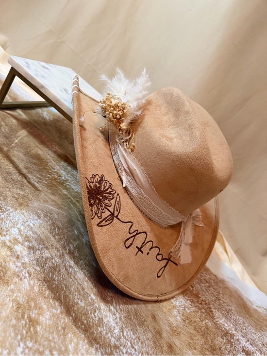 Custom burned cowgirl tan suede Wide Brim Hat with Lace Band main image 11